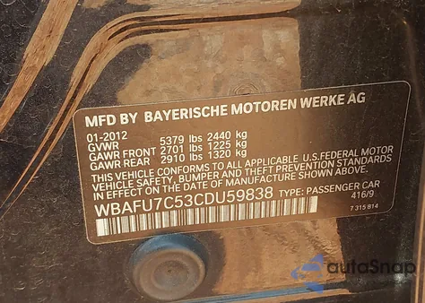 2012 BMW 535I xDrive from USA, damaged, VIN WBAFU7C53CDU59838